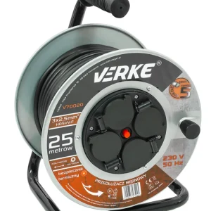 Aktuální VERKE Prodlužovací kabel na cívce 25m, 230V 3x2,5mm, 4 zásuvky, kovový buben