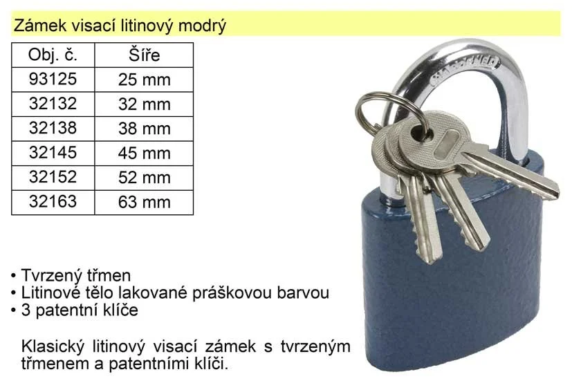 Zámek visací litinový modrý 38 mm Časově Omezené