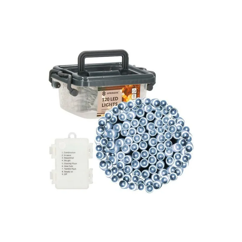 Akční Cena SPRINGOS LED světelný řetěz - 9m, 120LED, 8-funkcí, 3xAA, IP44, studená bílá